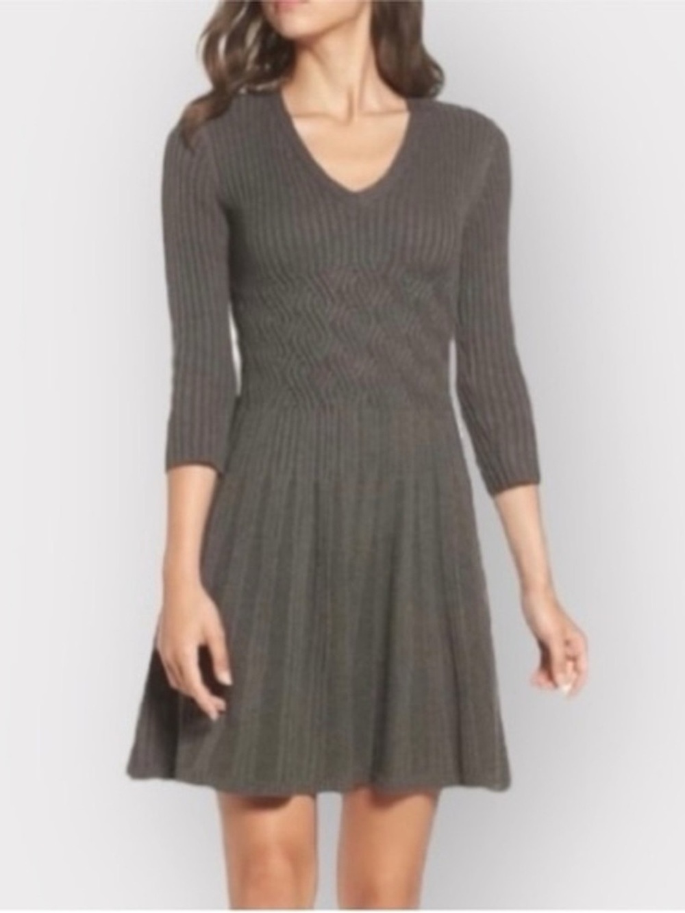 Eliza J Taupe Ribbed V-Neck Fit-and-Flare Sweater Dress